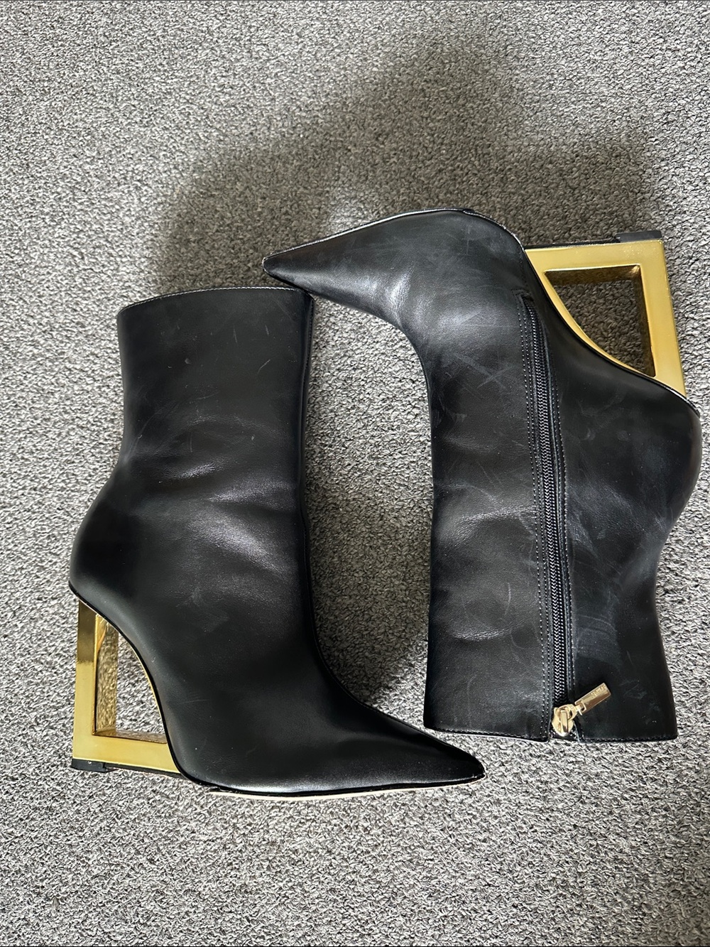 SCHUTZ Black Leather Pointed Ankle Boots with Gold Square Cutout Heel
